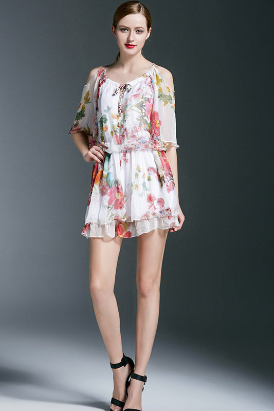 Round Collar Open Sleeve Floral Print  Elastic Waist Runched Hot Dress