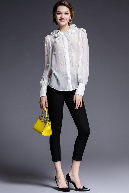 Flare High Collar Flowers Embroidered Lattern Sleeve Chiffon Blouse