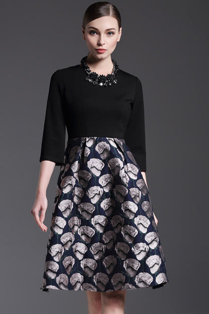 Round Collar Jacquard Full Flare Dress