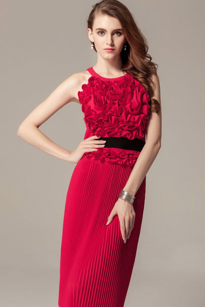 Rosette Halter Pleated Skirt Cocktail Dress