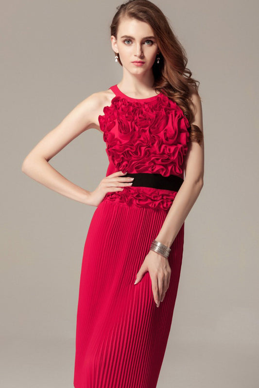 Rosette Halter Pleated Skirt Cocktail Dress