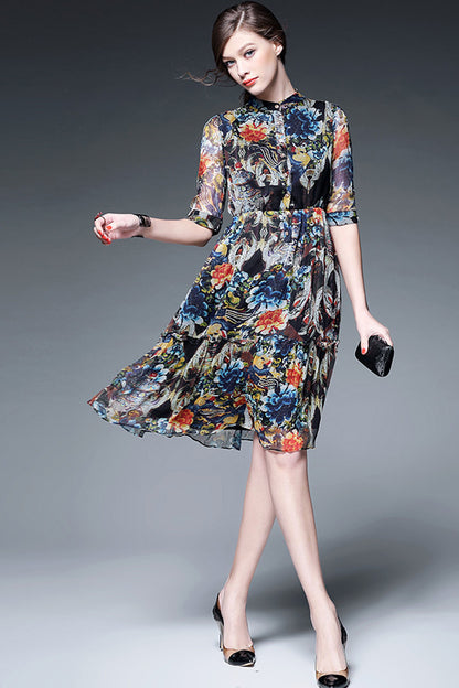 Stand Collar Floral Print Shirring Waist Swing Dress