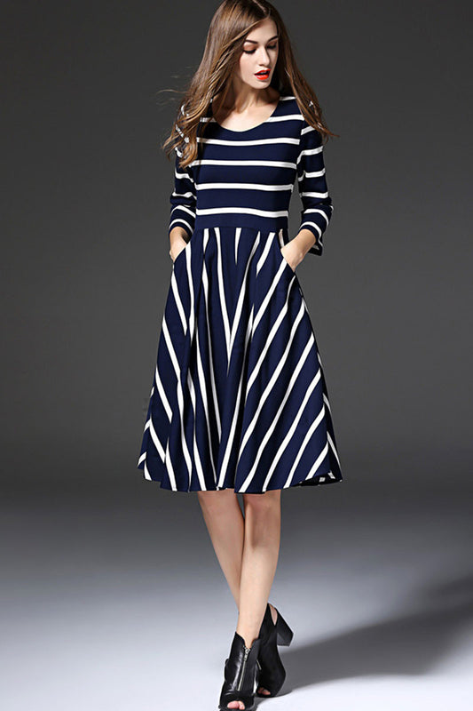 WOMEN'S GRACE STRIPE 3/4 SLEEVE ROUND NECK MIDI COCKTAIL MIDI DRESS