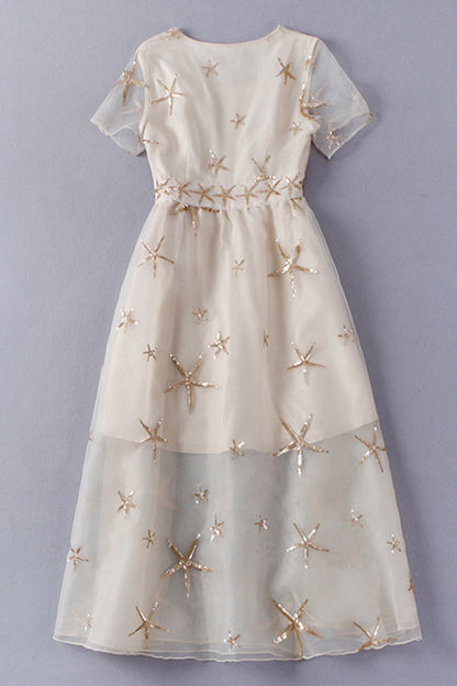 Foiled Starfish Print Organza Maxi Cocktail Dress