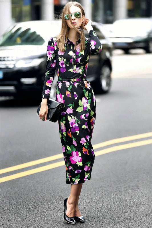 Women's Printing Floral Long Sleeve Dress Casual Polo Neck Slim Dress - NJOYDRESS - 1