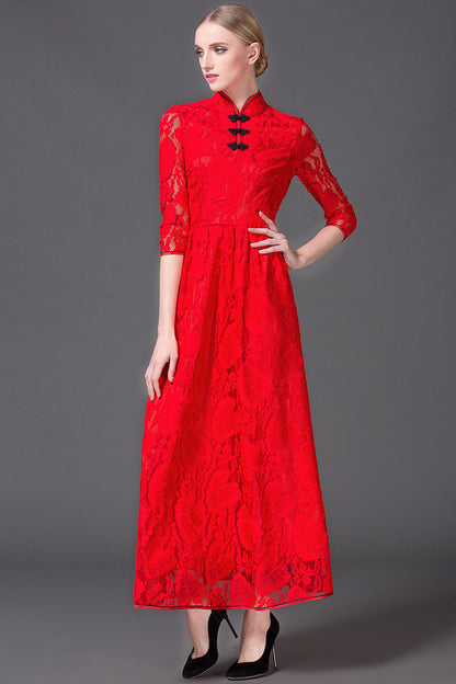 Stand Collar Flock Lace Pleated Swing  Maxi  Chi-Pao Dress