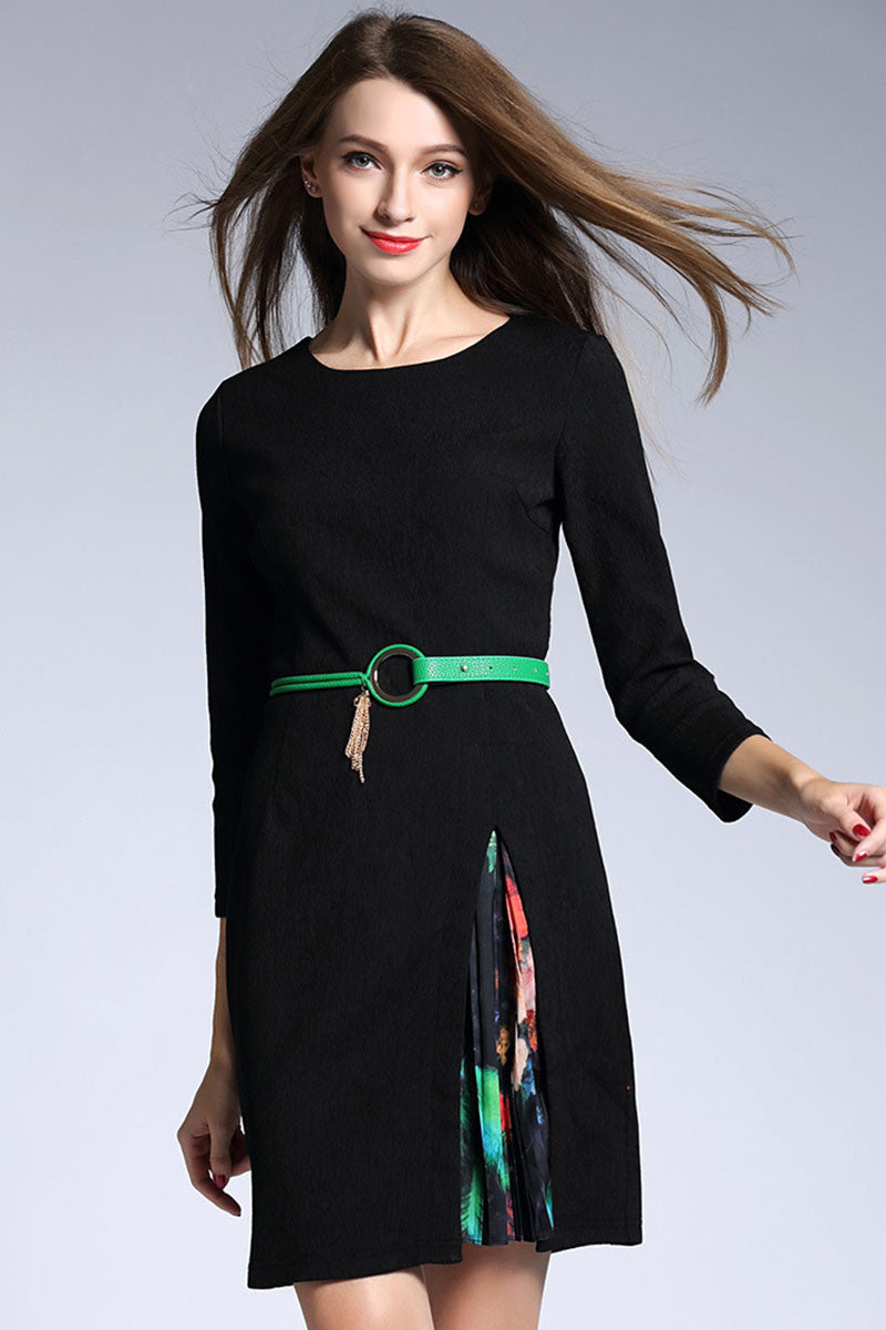 FORMAL FLOWER PRINTING ROUND NECK 3/4 SLEEVE  DRESS WITH BELT