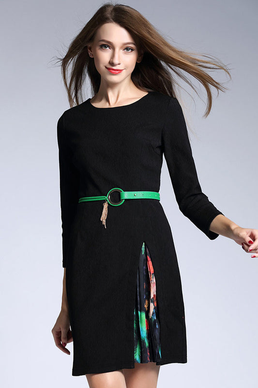 FORMAL FLOWER PRINTING ROUND NECK 3/4 SLEEVE  DRESS WITH BELT