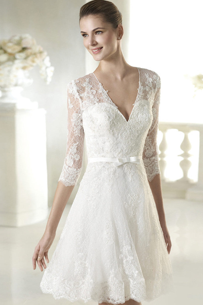 Deep V Neck Half Sleeves Sheer Back Slim Lace Dress Attached Bowknot