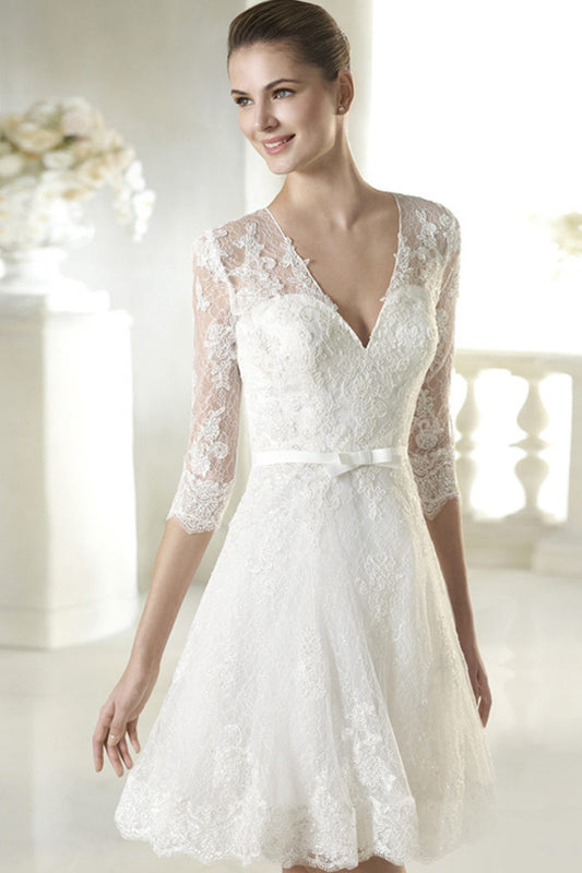 Deep V Neck Half Sleeves Sheer Back Slim Lace Dress Attached Bowknot