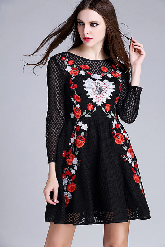 Women's 3/4 Sleeve Boat Neck Dress Long Sleeve Rose Printing Embroidery Dress - NJOYDRESS - 1