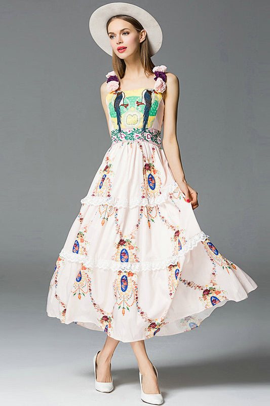 Vintage Spaghetti Embroidery Printing Maxi Dress