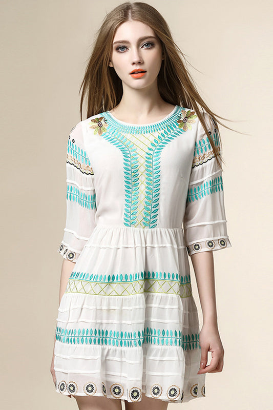 Round Collar Embroidery Print  Pullover Chiffon Dress