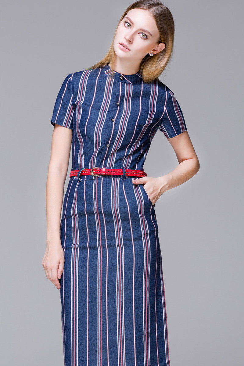 Multi Stripe Short Sleeve Small MockCollar Dress