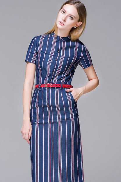 Multi Stripe Short Sleeve Small MockCollar Dress