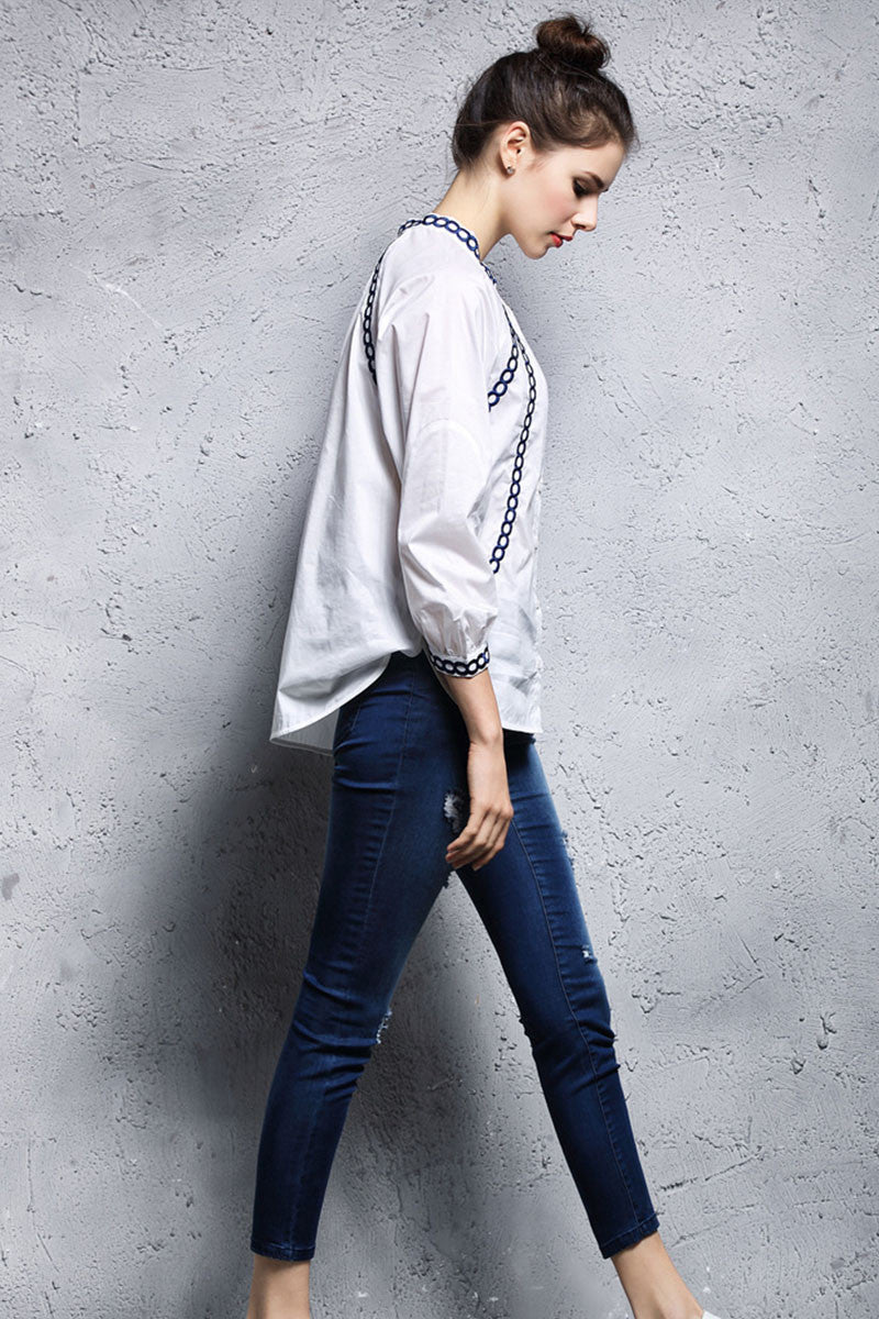 Stand Collar   Embroidered  Short Front Long Back Shirt - NJOYDRESS - 2