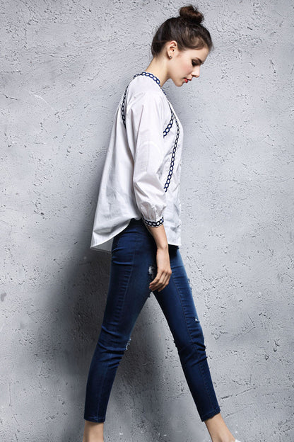 Stand Collar   Embroidered  Short Front Long Back Shirt - NJOYDRESS - 2