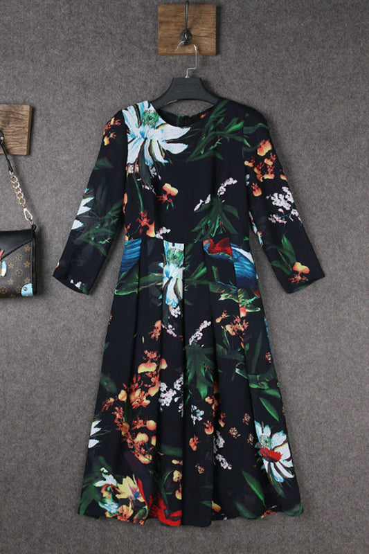 Round Collar Floral Pattern 3/4Sleeve Swing Dress
