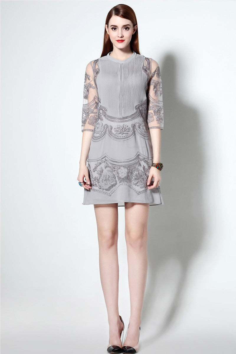 Pintuck Organza Embroidered Short Cocktail Dress