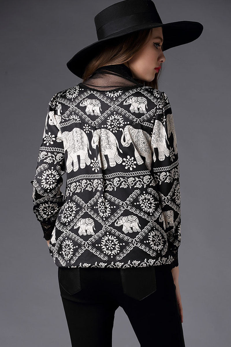 High Neck See Through Mesh Patch Elephant  Retro Print Pullover Top