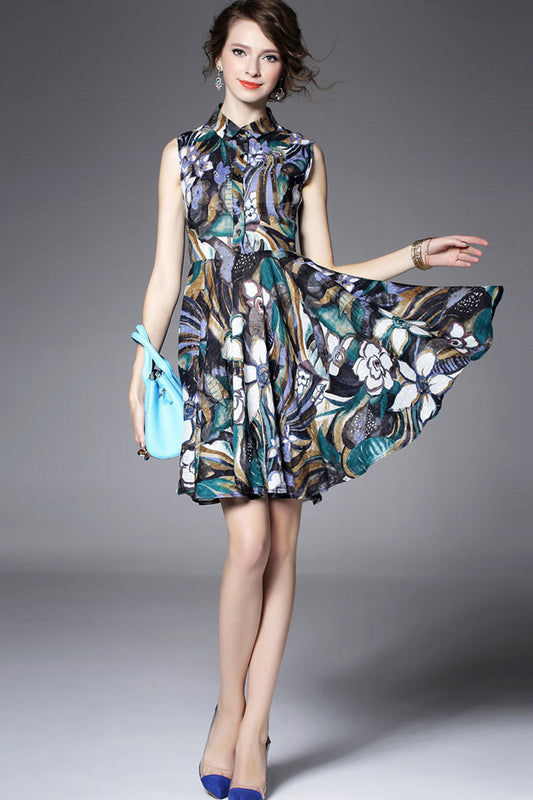 A-LINE POLO NECK ELEGANT PRINTING SLEEVELESS SHORT DRESS