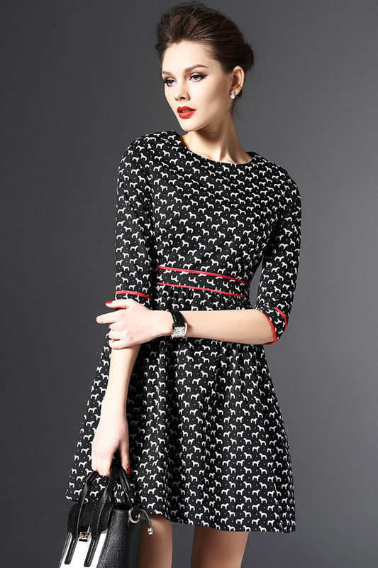 WOMEN'S SLIM FORMAL 3/4 SLEEVE PRINTING ROUND NECK DRESS WITH BELT