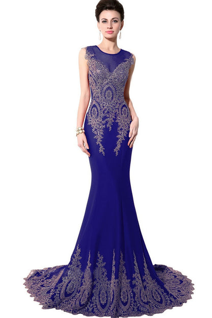 Sequin Beaded Rhinestone Illusion Mesh Mermaid Long Dress