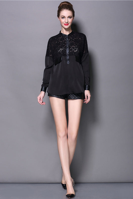 Women's Loose Sexy Shirt Long Sleeve Stand Collar Lace Shirt