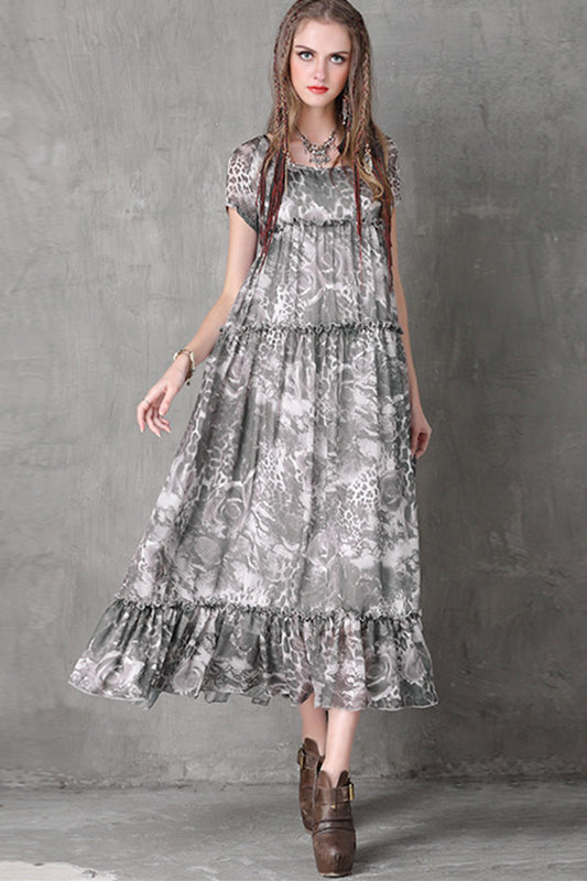 Tiered  Multi  Printed  Cap Sleeve Casual Dress