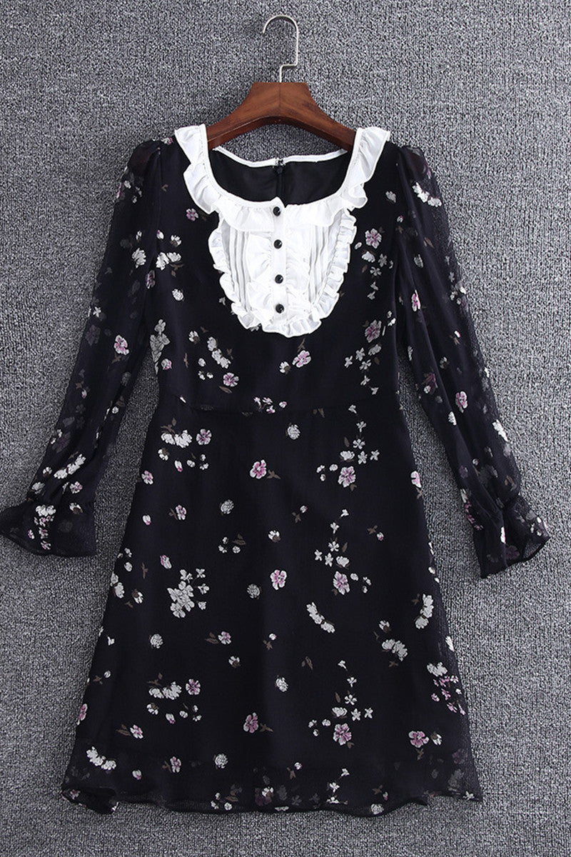 Ruffle Neck And Sleeve Floral Printing Chiffon Dress