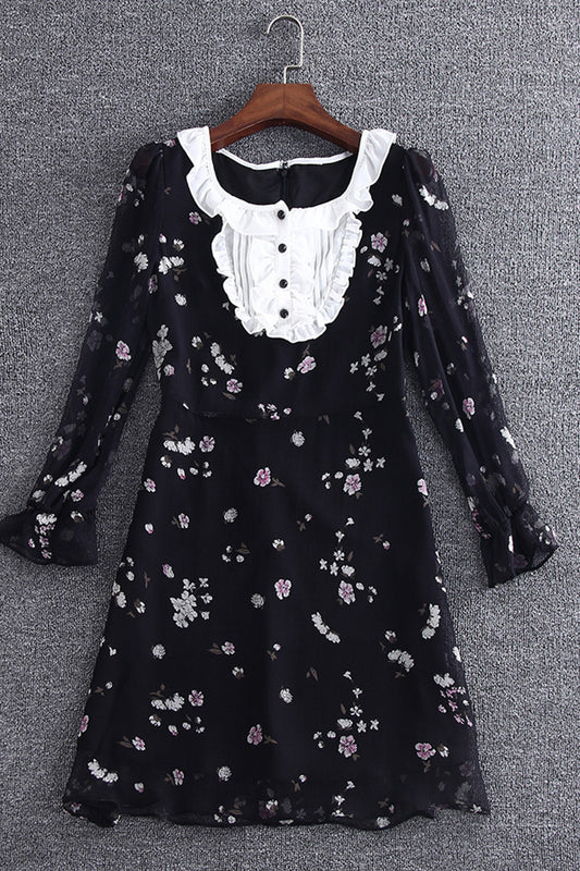 Ruffle Neck And Sleeve Floral Printing Chiffon Dress