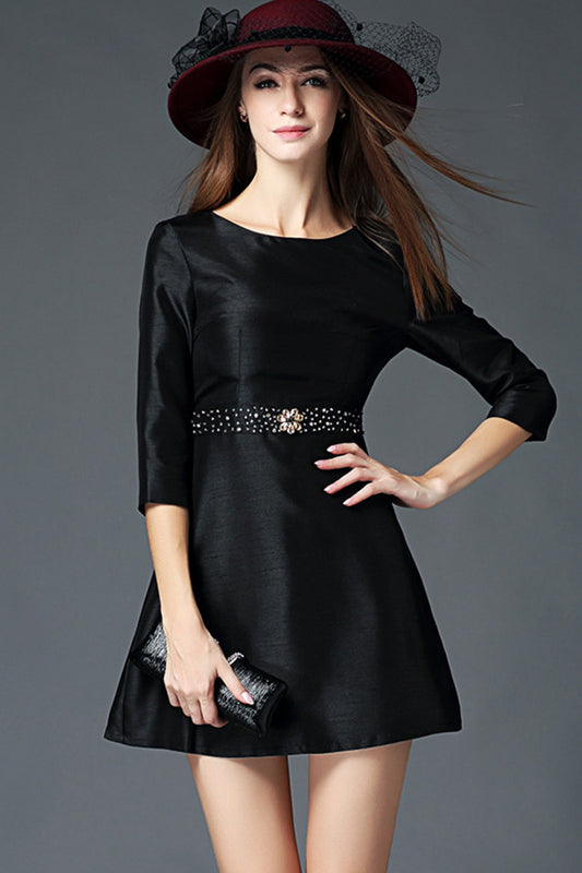 WOMEN'S ELEGANT BOAT NECK SEQUIN BLACK SHORT DRESS WITH BELT