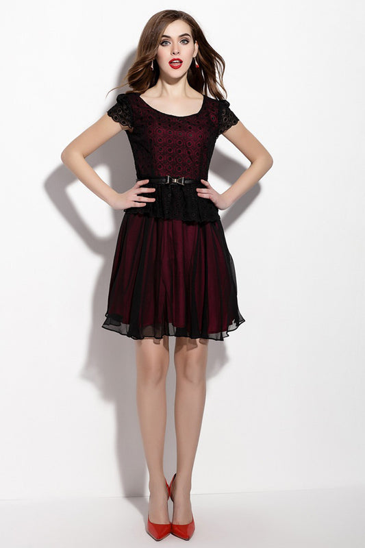 Round Collar Cap Sleeve Flare Hem Pleat Dress With Belt