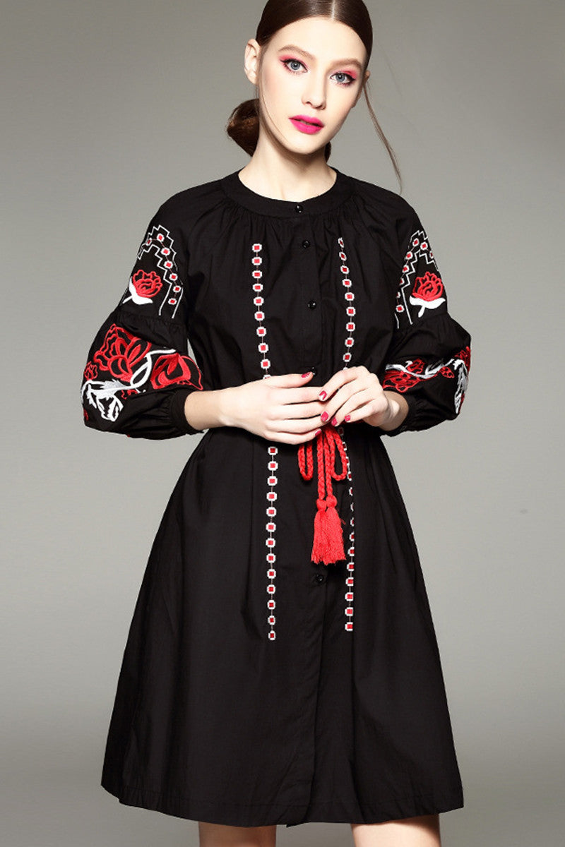 Lattern Sleeve FloraL Embroidery Full Dress With Belt
