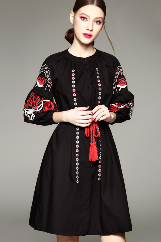 Lattern Sleeve FloraL Embroidery Full Dress With Belt