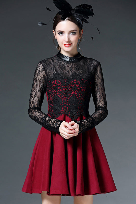 Little High Neck See Through Lace Patch Mini Dress - NJOYDRESS - 1