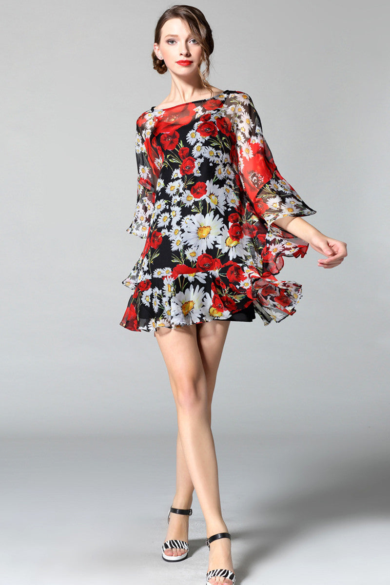 Floral Chiffon Flared Cake Dress