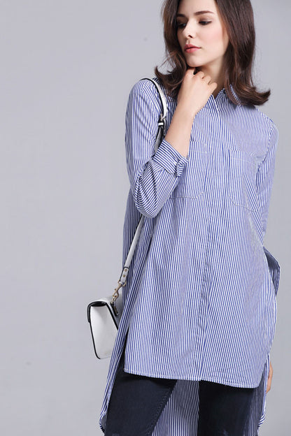 Roll Collar Line Stripe Pattern Front Pocket  Short Front Long Back Long Shirt - NJOYDRESS - 1