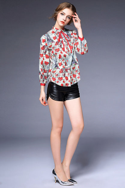 Doll Collar Heart Print  Puff Sleeve Blouse - NJOYDRESS - 2