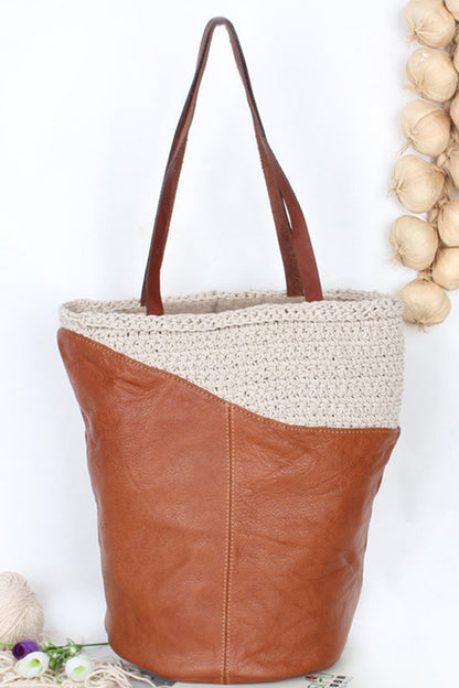 Natural Linen Braided Mixed Leather Bucket Bag