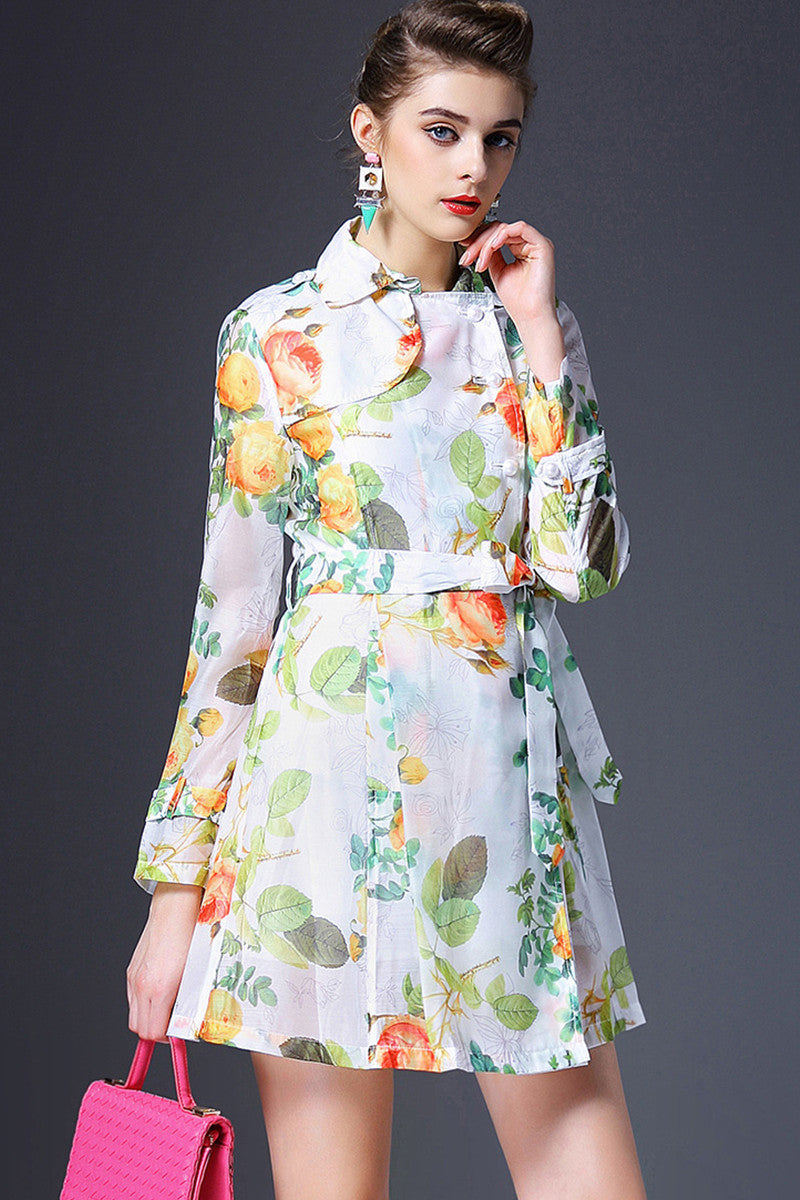 Lapel Neck Flowers Print Single-Breasted Dress With Belt