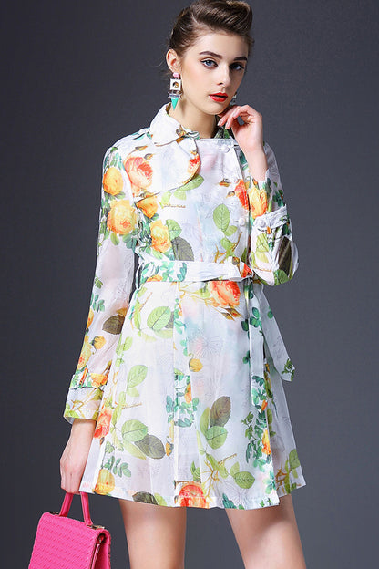 Lapel Neck Flowers Print Single-Breasted Dress With Belt