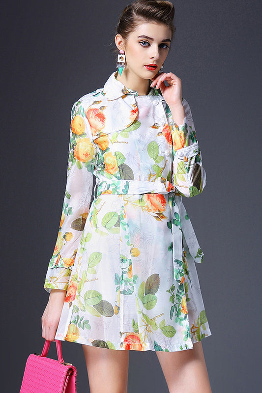 Lapel Neck Flowers Print Single-Breasted Dress With Belt