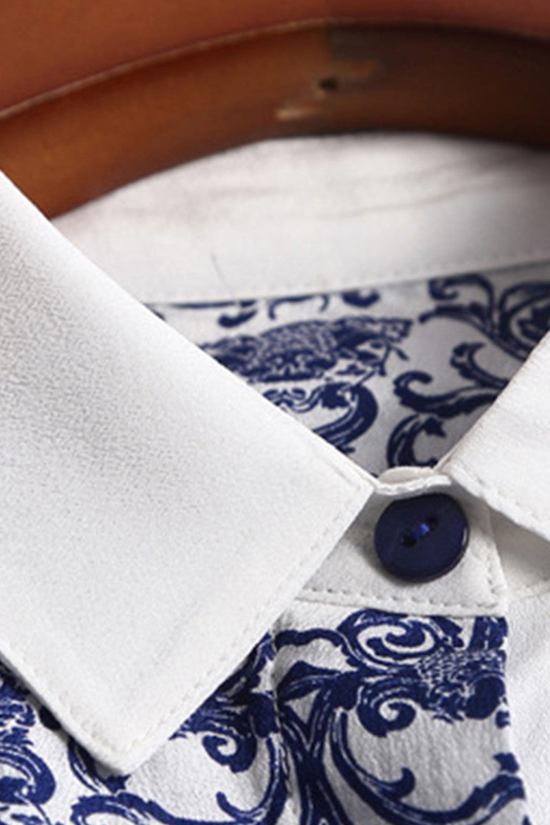Roll Collar Blue And White Porcelain Pattern Half Sleeve Midi Dress - NJOYDRESS - 3