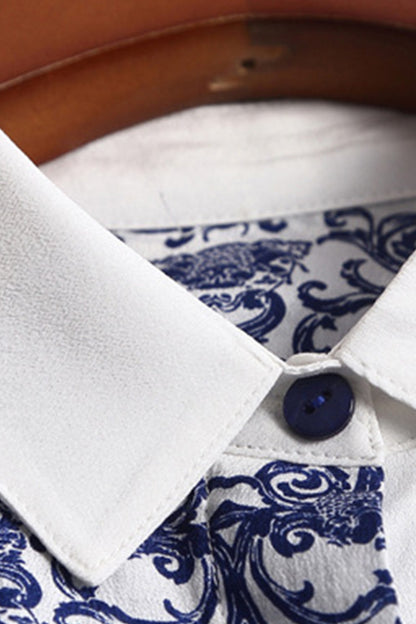 Roll Collar Blue And White Porcelain Pattern Half Sleeve Midi Dress - NJOYDRESS - 3