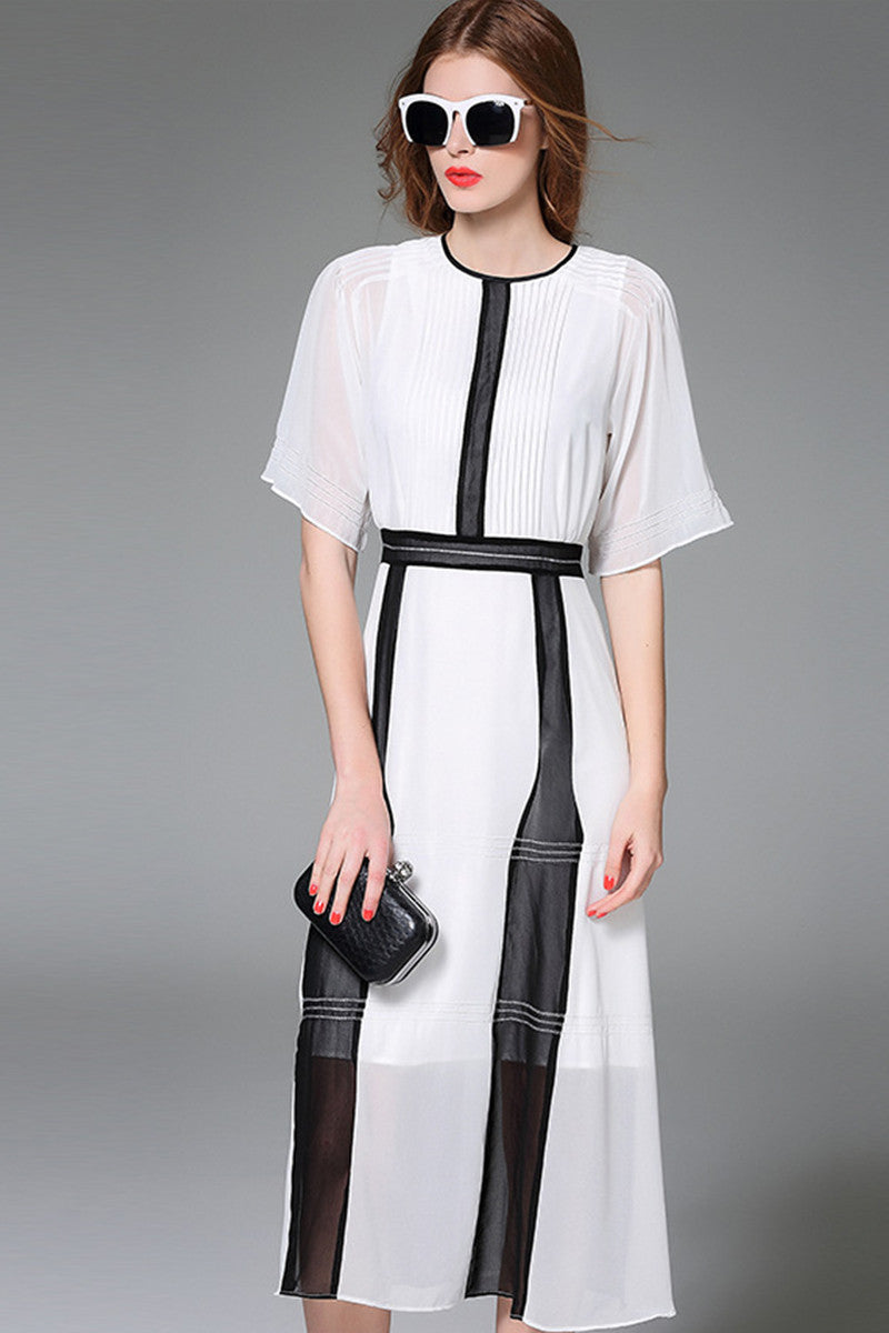 [30% OFF TILL 8 APR] Round Collar Pleated Chiffon Midi Sundress