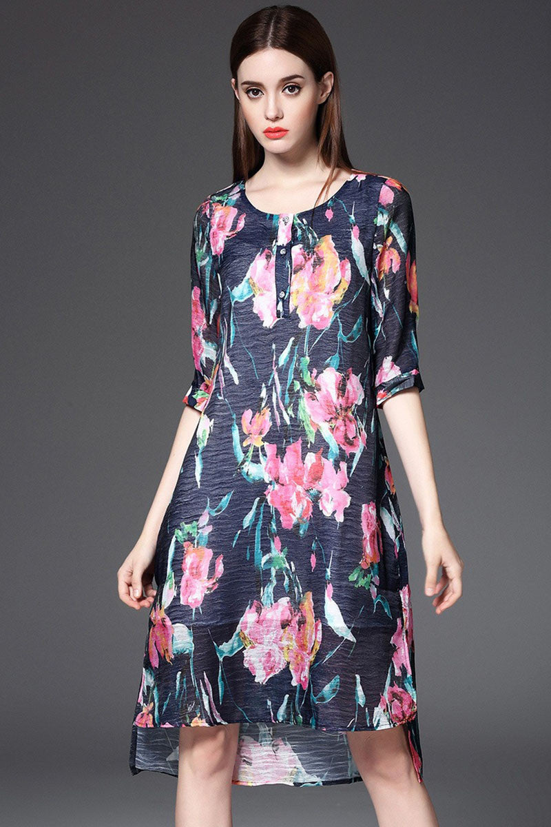 Round Collar Vintage Floral Print Short Front Back Long Dress