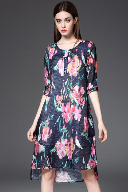 Round Collar Vintage Floral Print Short Front Back Long Dress