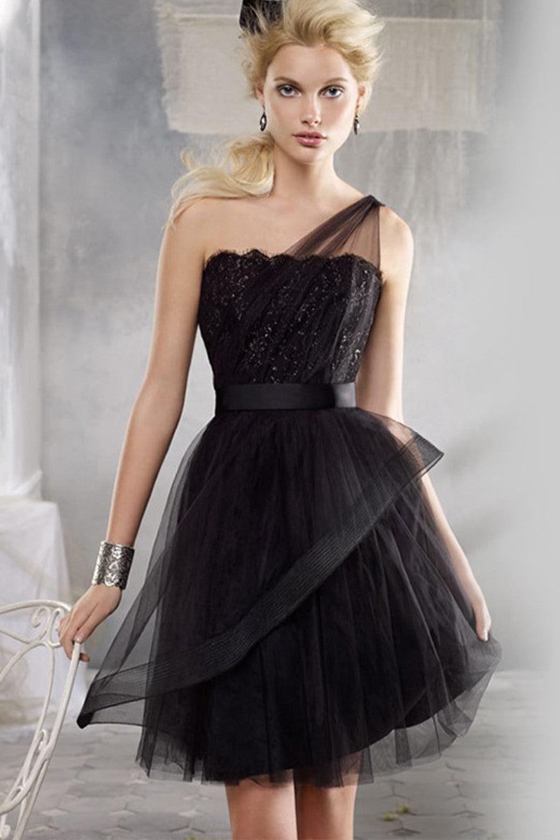 One Shoulder Tulle Overlaid Pleat  Formal Grown Dress