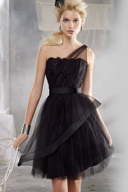 One Shoulder Tulle Overlaid Pleat  Formal Grown Dress